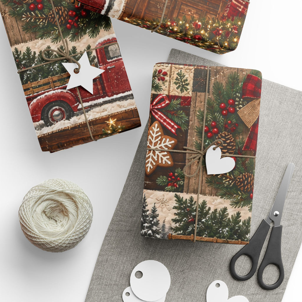 Christmas Farmhouse Wrapping Paper – Rustic Holiday Patchwork Design