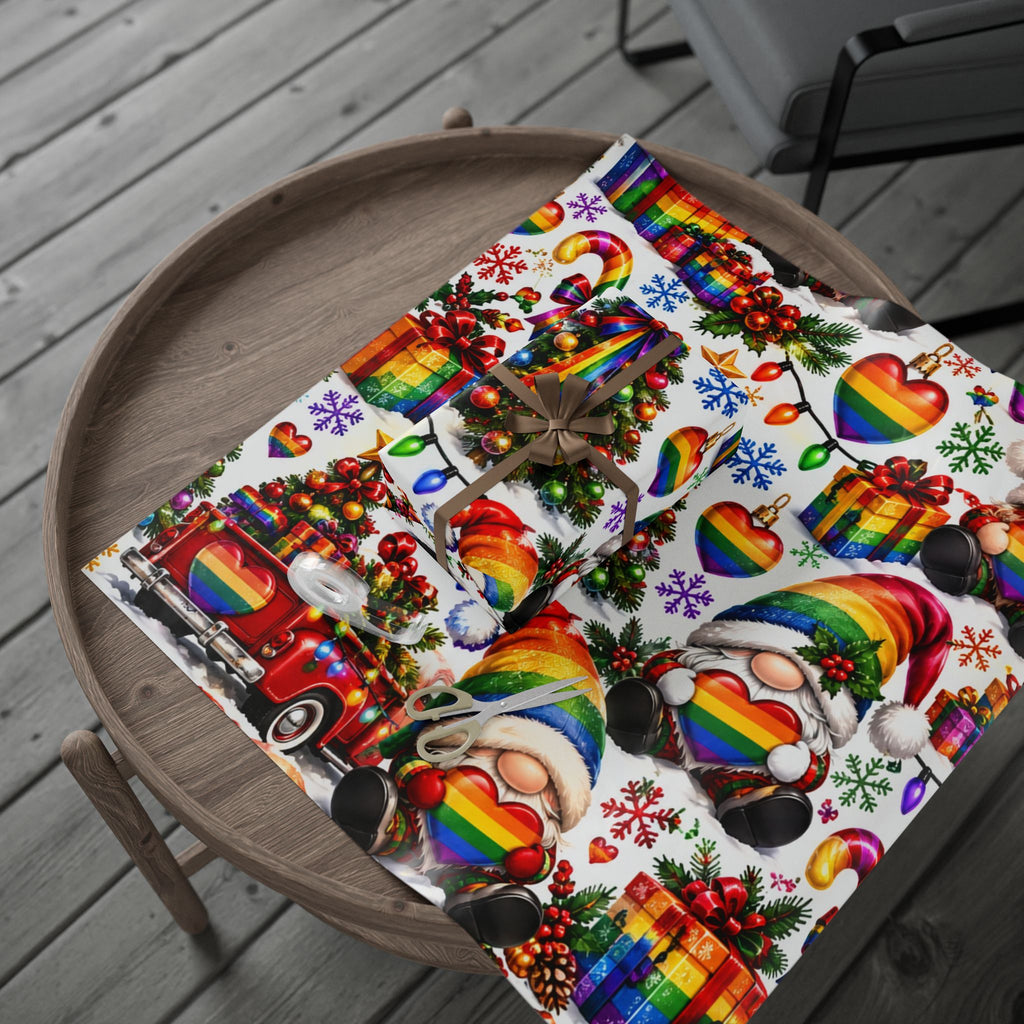 Rainbow Pride Christmas Wrapping Paper – Festive Gnome & Heart Gift Wrap