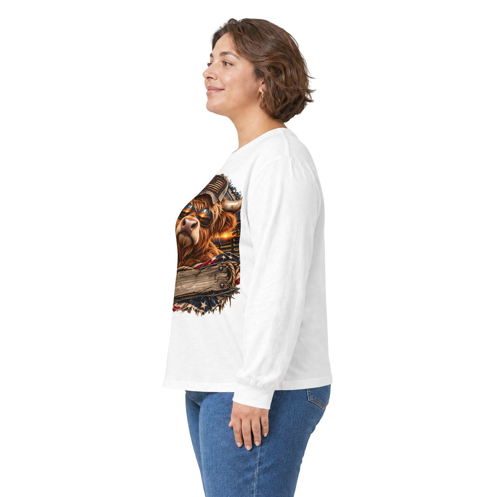 Long Sleeve Tee with Fierce Highland Cow Farmhouse Design