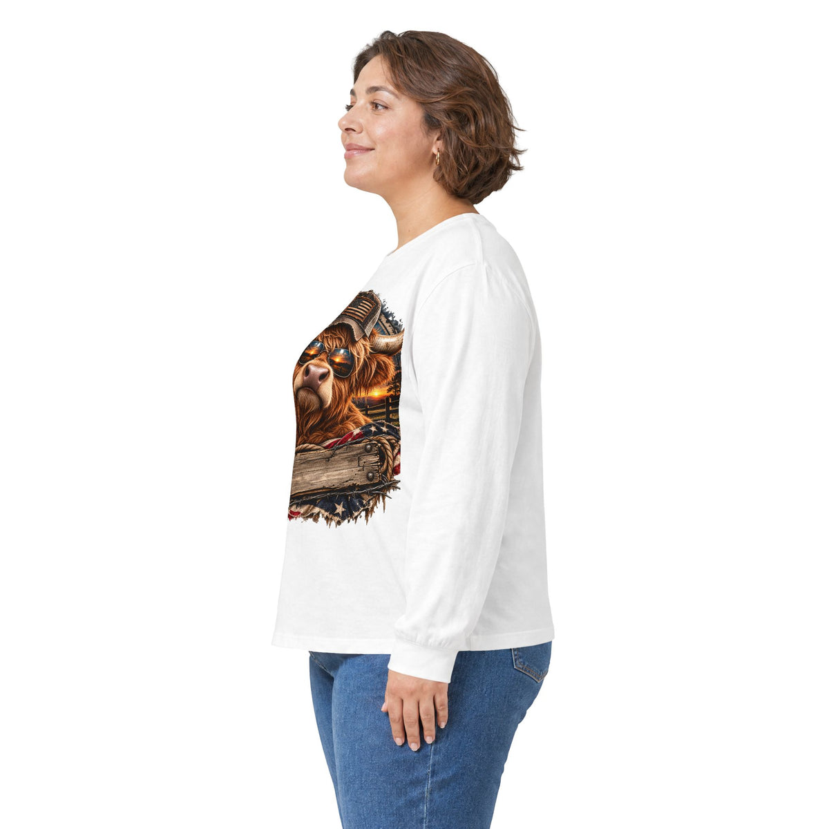 Long Sleeve Tee with Fierce Highland Cow Farmhouse Design