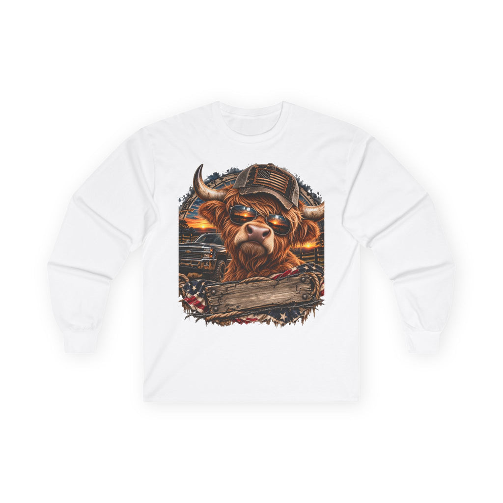 Long Sleeve Tee with Fierce Highland Cow Farmhouse Design