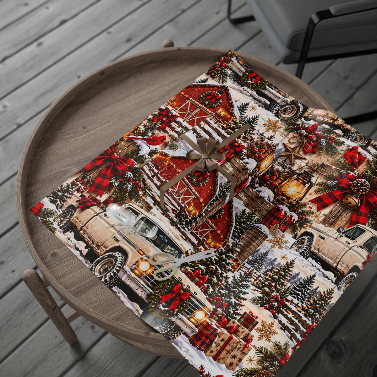 Vintage Farm Truck Christmas Wrapping Paper – Rustic Holiday Barn & Pinecone Pattern