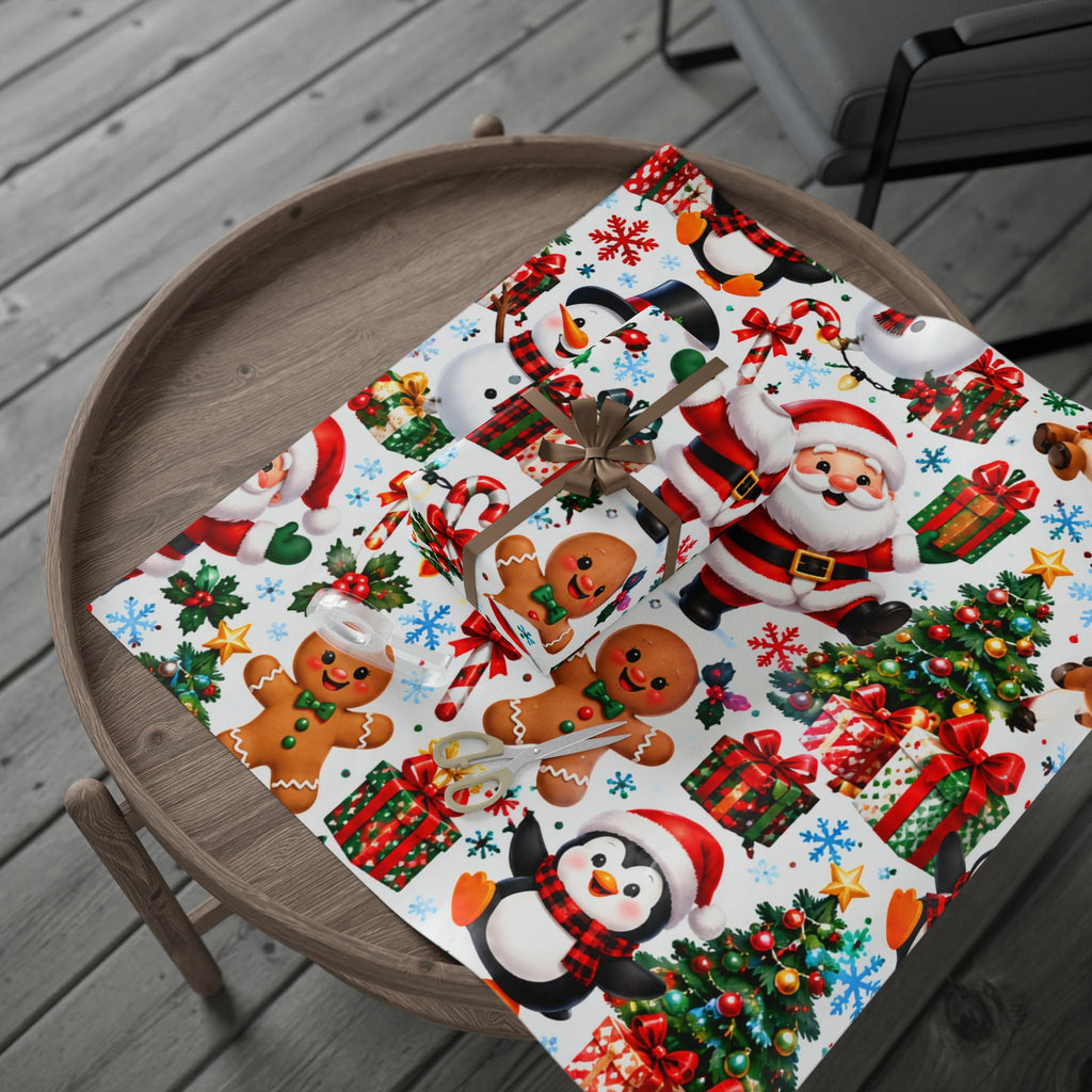 Christmas Wrapping Paper Roll — Cute Santa, Snowman, Penguin & Reindeer Holiday Gift Wrap