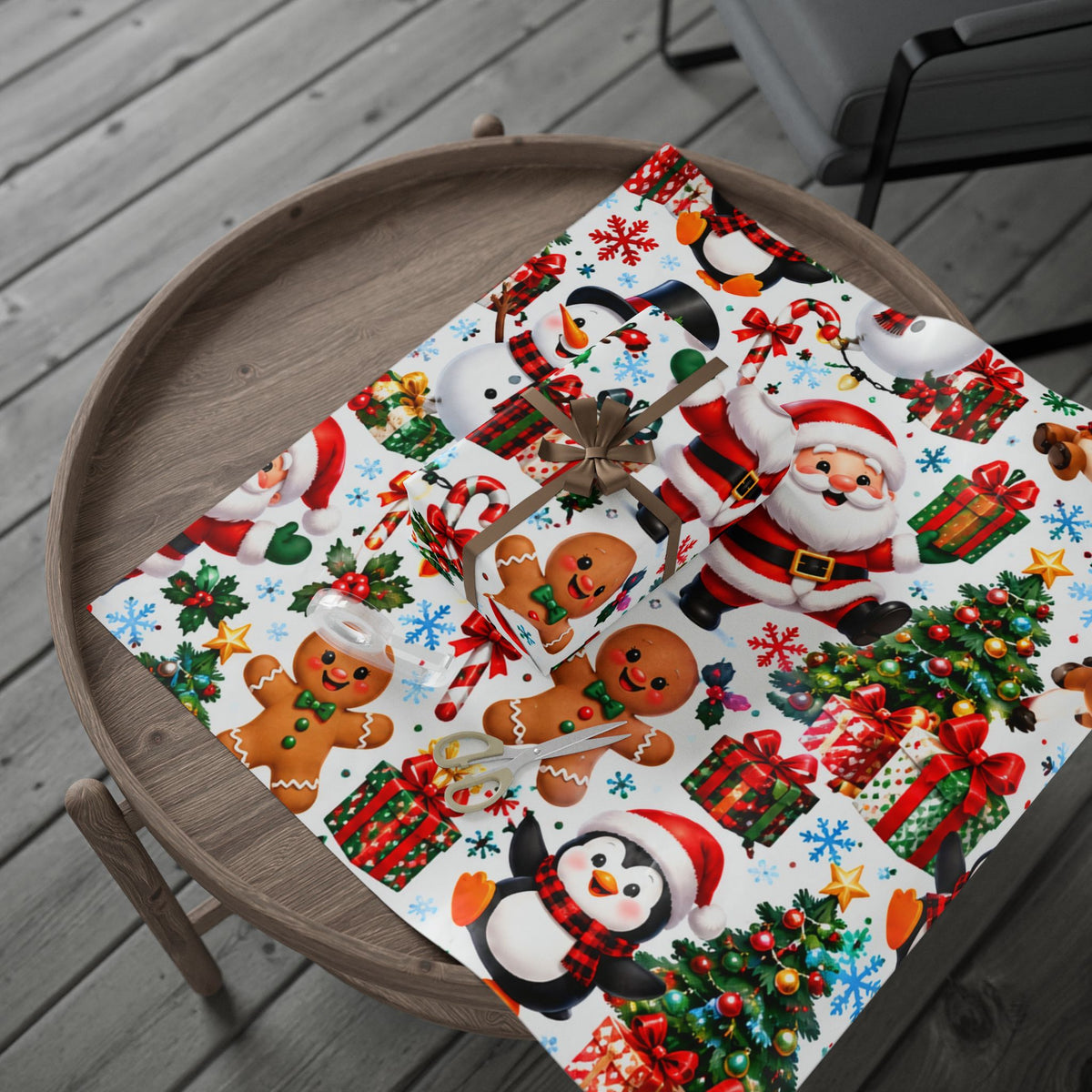 Christmas Wrapping Paper Roll — Cute Santa, Snowman, Penguin & Reindeer Holiday Gift Wrap