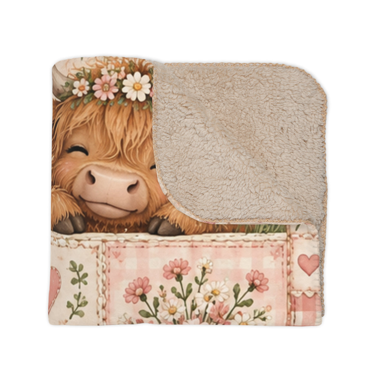 Highland Cow Patchwork Sherpa Blanket — Cozy Tan Fleece Throw with Floral & Heart Quilt Design