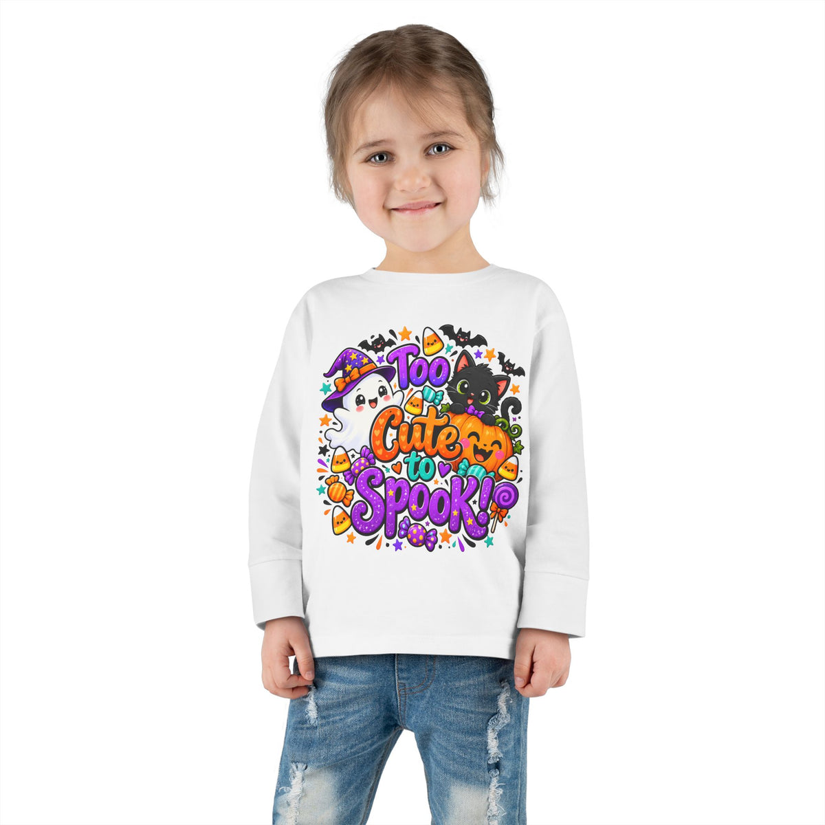Toddler Long Sleeve Tee — "Too Cute to Spook" Halloween Kids Shirt
