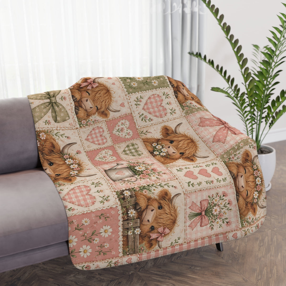 Highland Cow Patchwork Sherpa Blanket — Cozy Tan Fleece Throw with Floral & Heart Quilt Design