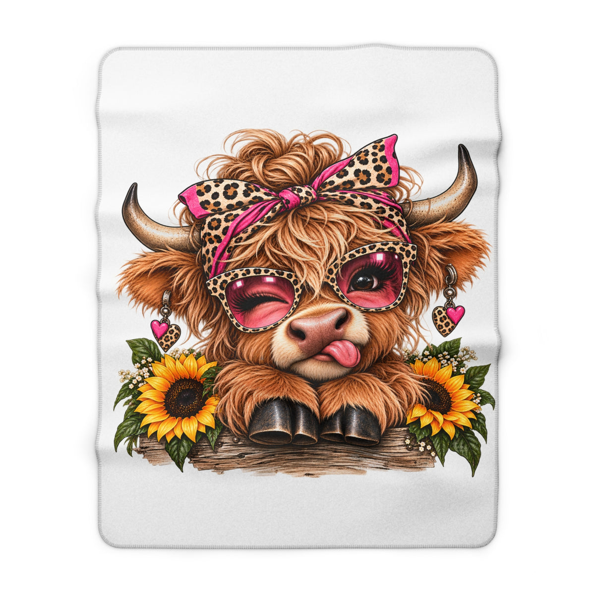 Cute Cow Sherpa Blanket with Sunglasses & Sunflowers – Cozy Animal Throw