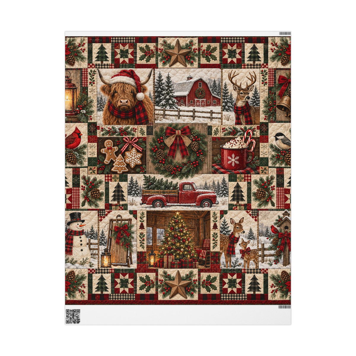Christmas Farmhouse Wrapping Paper – Rustic Holiday Patchwork Design