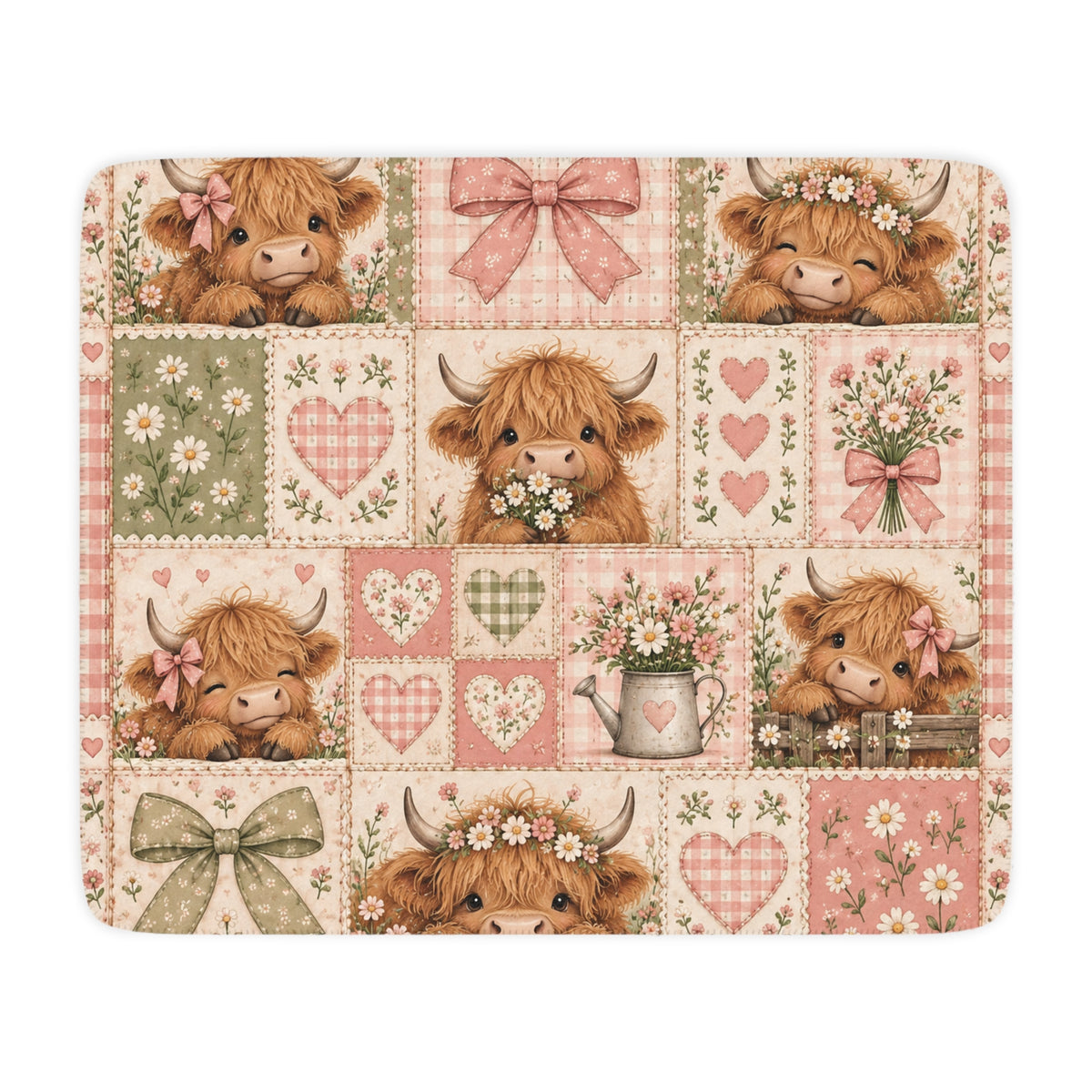 Highland Cow Patchwork Sherpa Blanket — Cozy Tan Fleece Throw with Floral & Heart Quilt Design