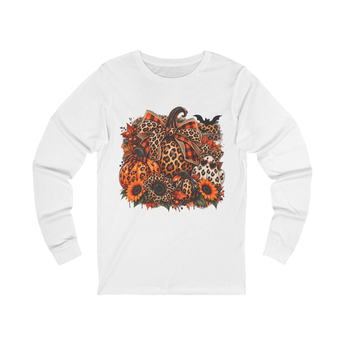 Leopard Pumpkin Fall Long Sleeve Tee — Autumn Sunflowers & Bat Graphic