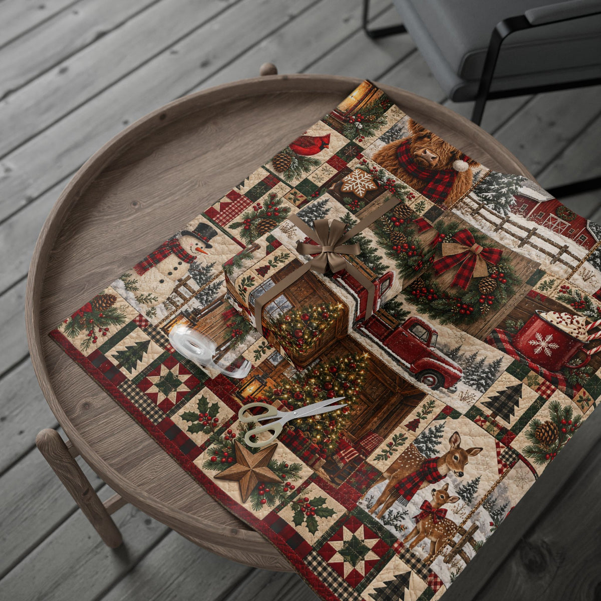 Christmas Farmhouse Wrapping Paper – Rustic Holiday Patchwork Design