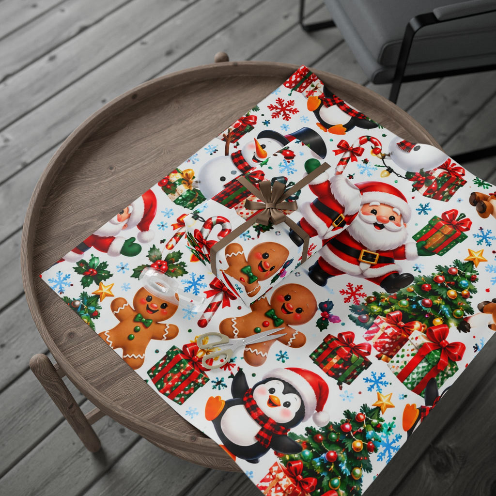 Christmas Wrapping Paper Roll — Cute Santa, Snowman, Penguin & Reindeer Holiday Gift Wrap