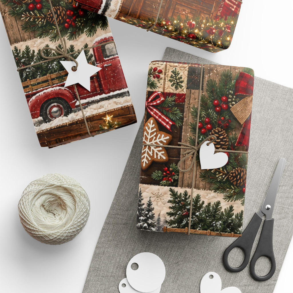 Christmas Farmhouse Wrapping Paper – Rustic Holiday Patchwork Design