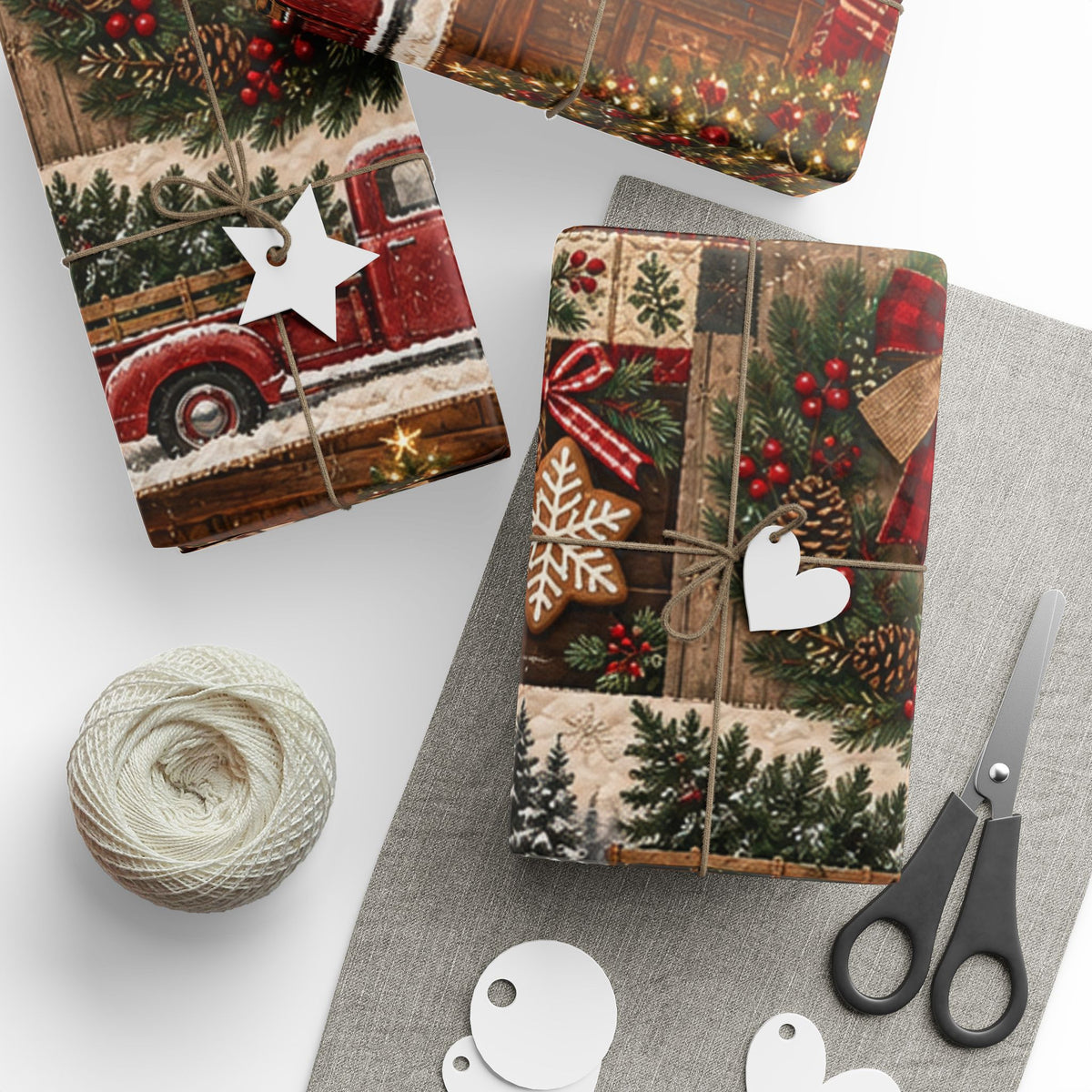 Christmas Farmhouse Wrapping Paper – Rustic Holiday Patchwork Design