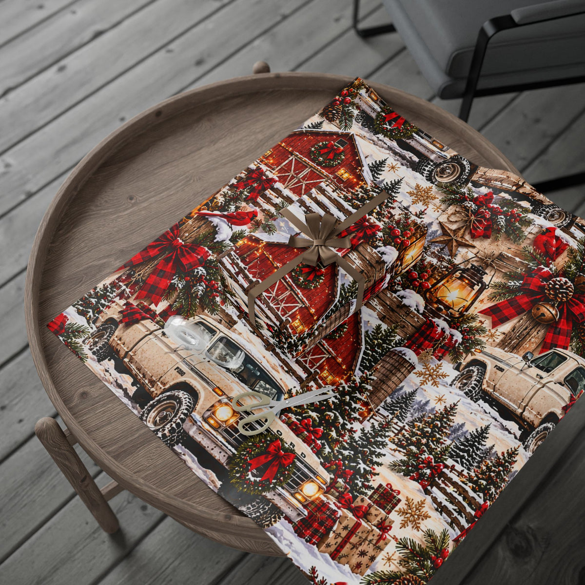Vintage Farm Truck Christmas Wrapping Paper – Rustic Holiday Barn & Pinecone Pattern